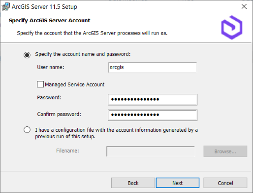 Specify the ArcGIS Server account. Specify the ArcGIS Server account.